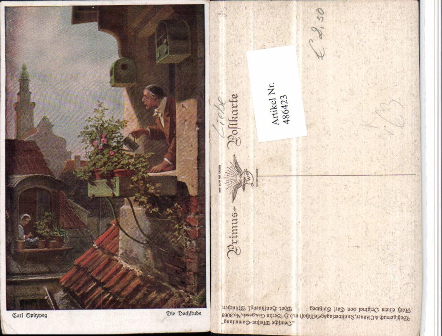 486423,Primus AK 3066 Künstler Carl Spitzweg Die Dachstube Balkon Blumen