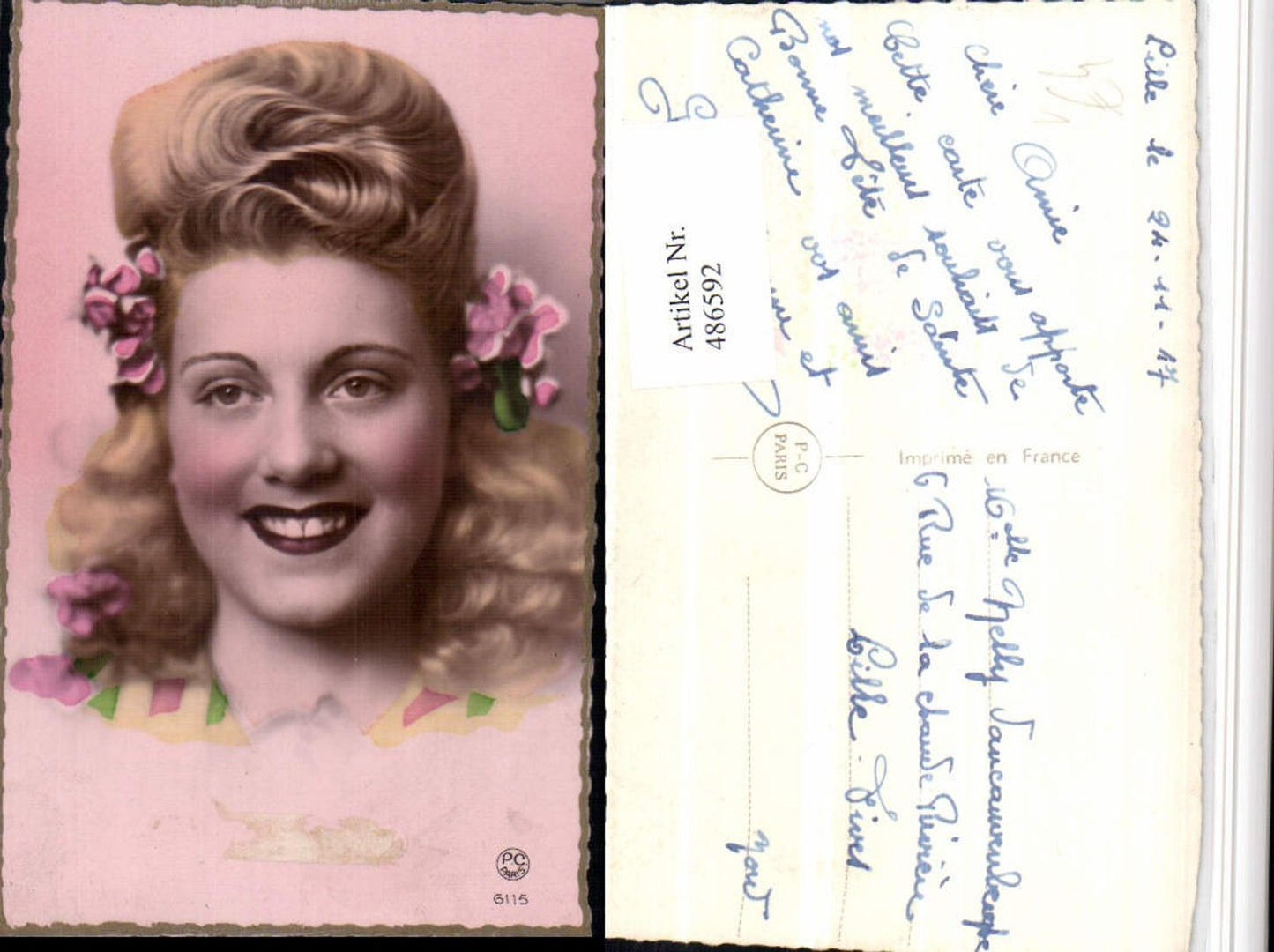 486592,P.C. Paris 6115 Frau Blondine Portrait Blumen