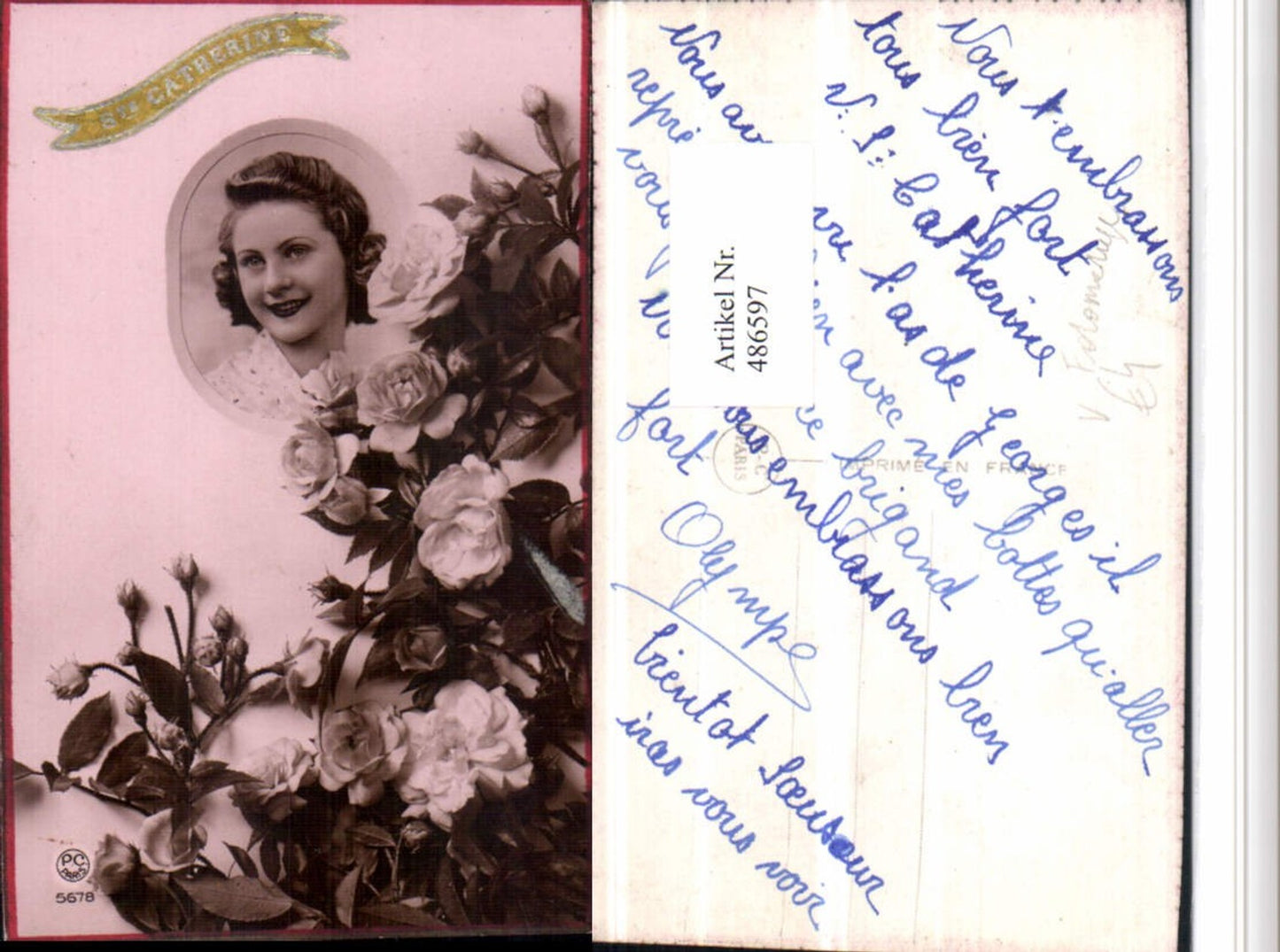 486597, PC Paris 5678 Photomontage Woman Portrait Passepartout Roses