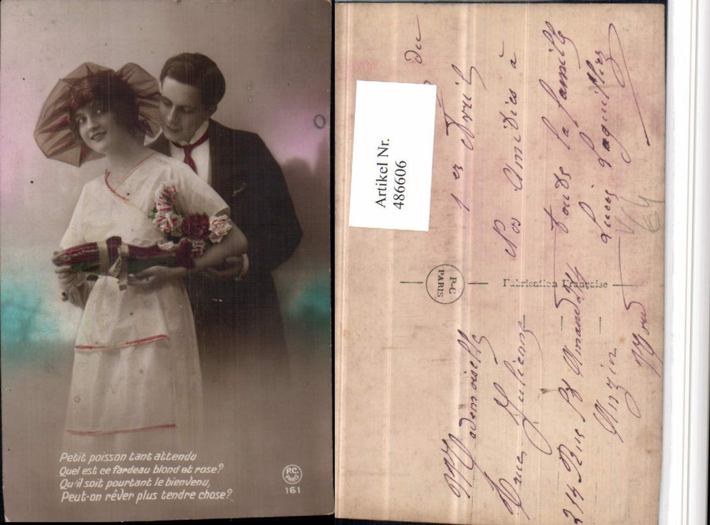 486606,P.C. Paris 161 Liebe Paar Hut Fisch Blumen Spruch