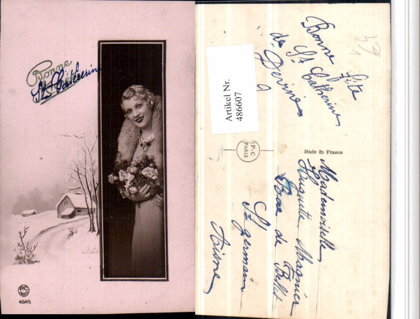 486607,P.C. Paris 4645 Frau Kleid Stola Rosen Passepartout Winterlandschaft