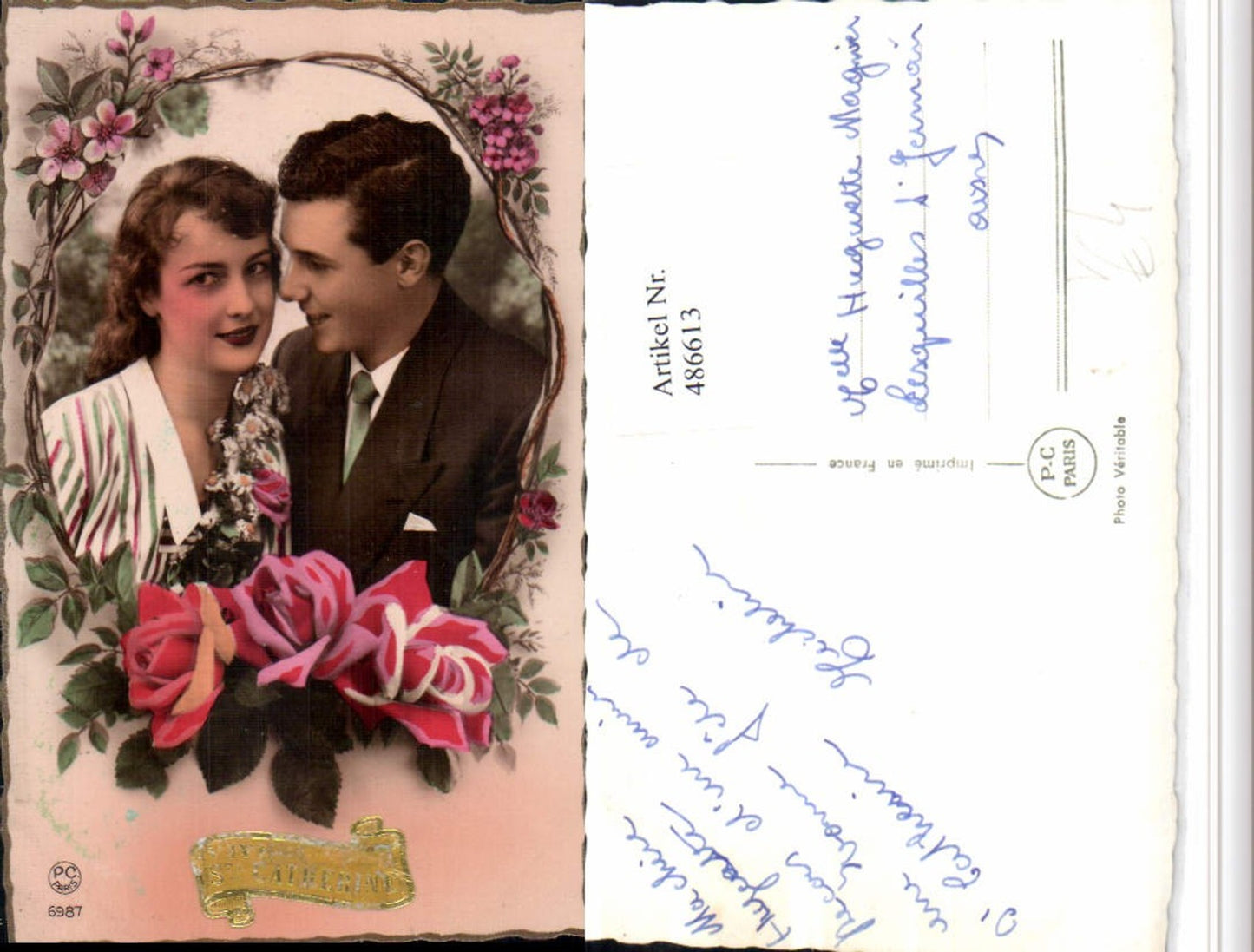 486613,P.C. Paris 6987 Ste Catherine Liebe Paar Passepartout Blumen
