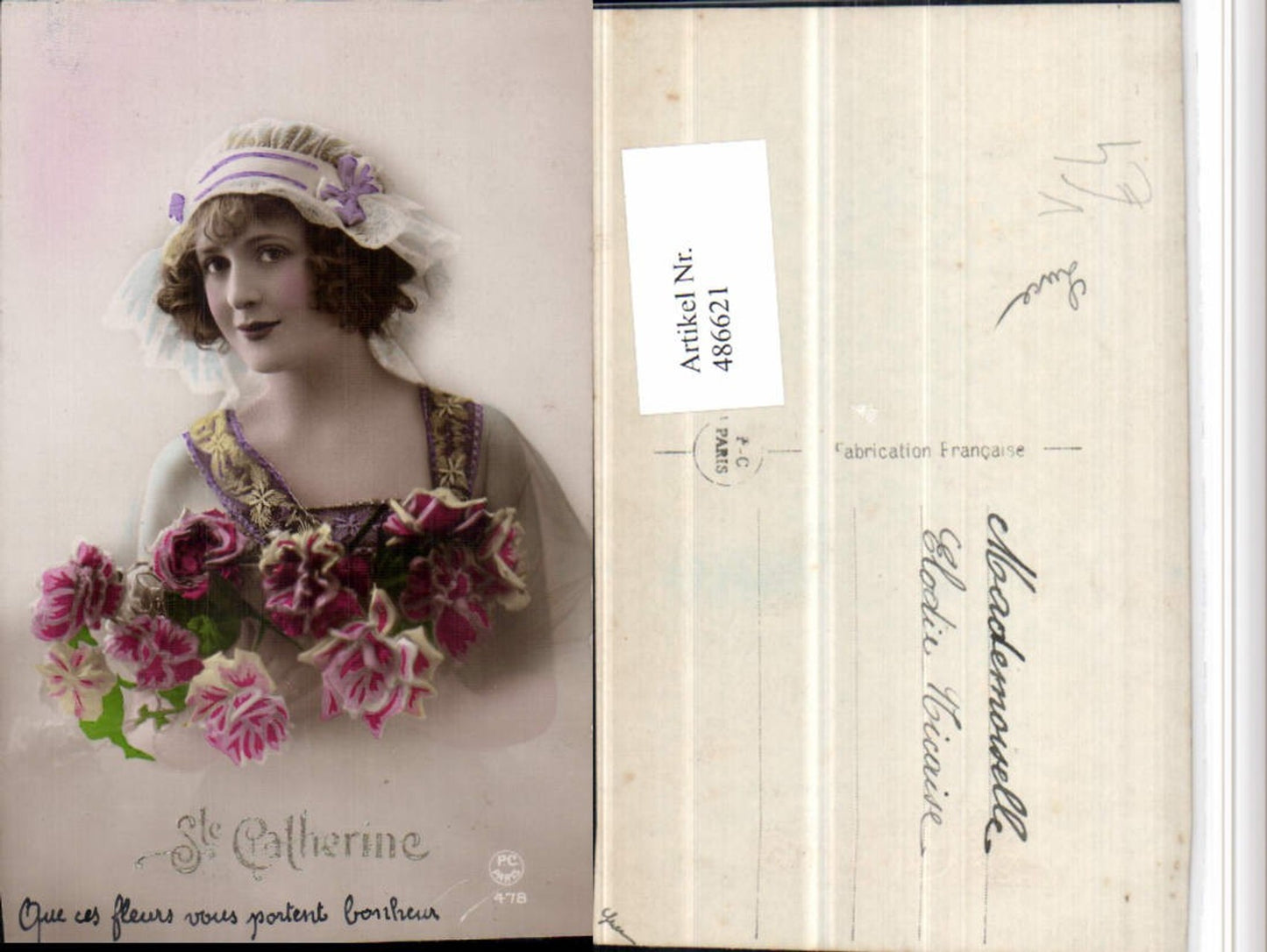 486621,P.C. Paris 478 Ste Catherine Frau Haube Portrait Rosen