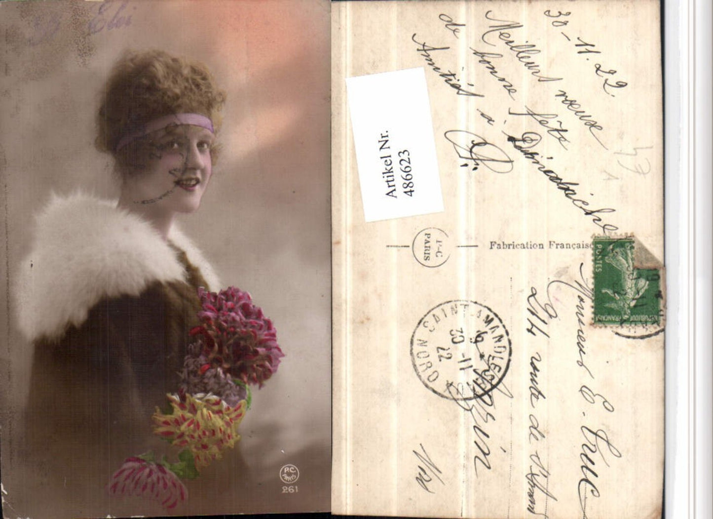 486623,P.C. Paris 261 Frau Haarband Fellmantel Portrait Blumen