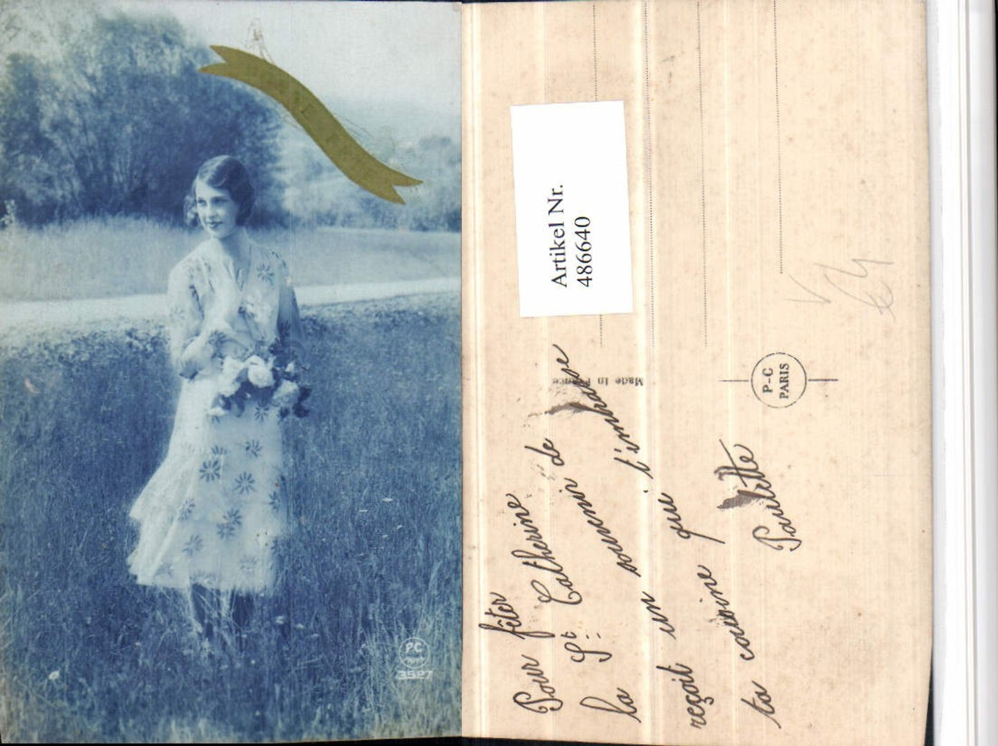 486640,P.C. Paris 3527 Bonne Fete Frau m. Kleid Wiese Blumen