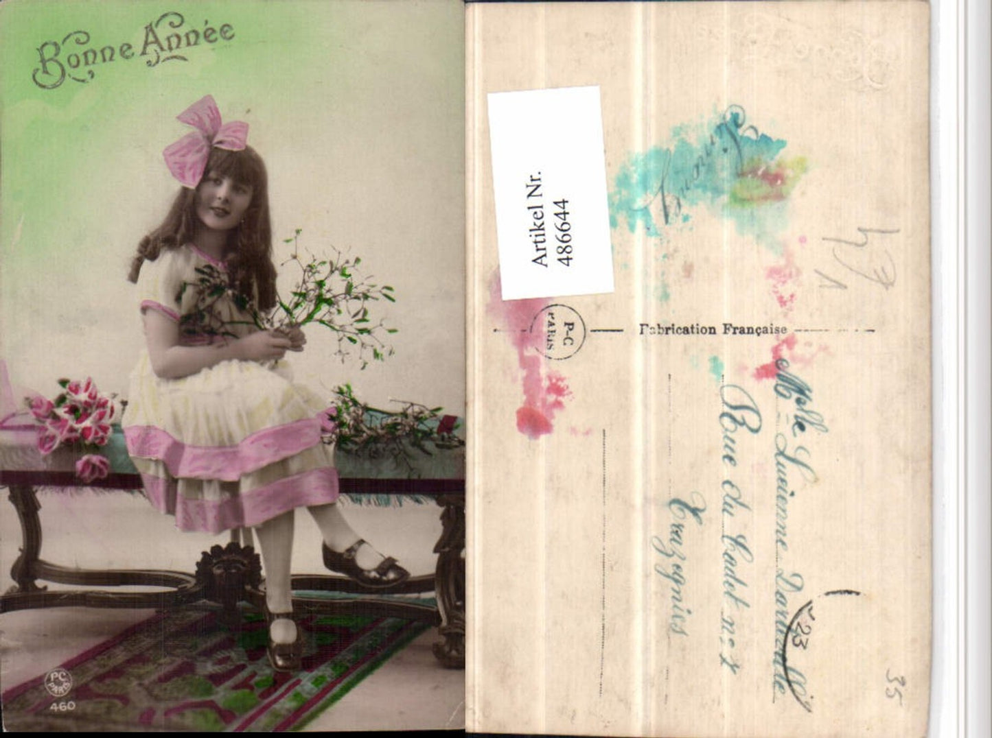 486644,P.C. Paris 460 Bonne Annee Mädchen Kleid Schleife Blumen