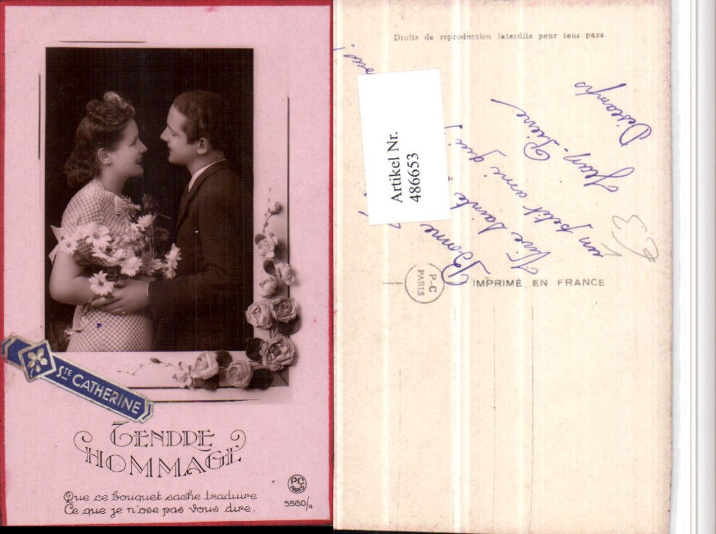 486653,P.C. Paris 5560/4 Ste Catherine Liebe Paar Passepartout Blumen Spruch