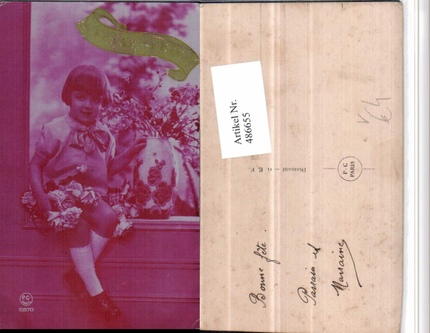 486655,P.C. Paris 2870 Bonne Fete Kind Strümpfe Blumen Vase