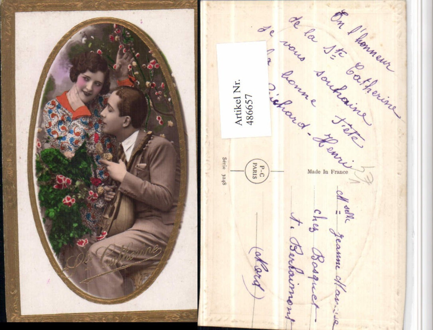 486657,P.C. Paris 3248 Ste Catherine Liebe Paar Mandoline Präge Passepartout