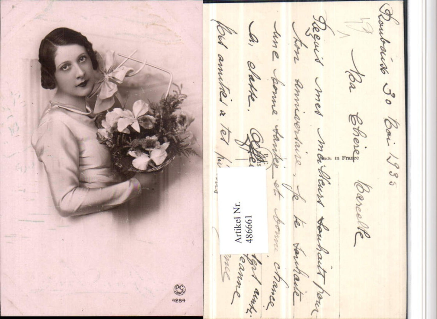 486661,P.C. Paris 4284 Frau Kleid Korb Blumen Schleife