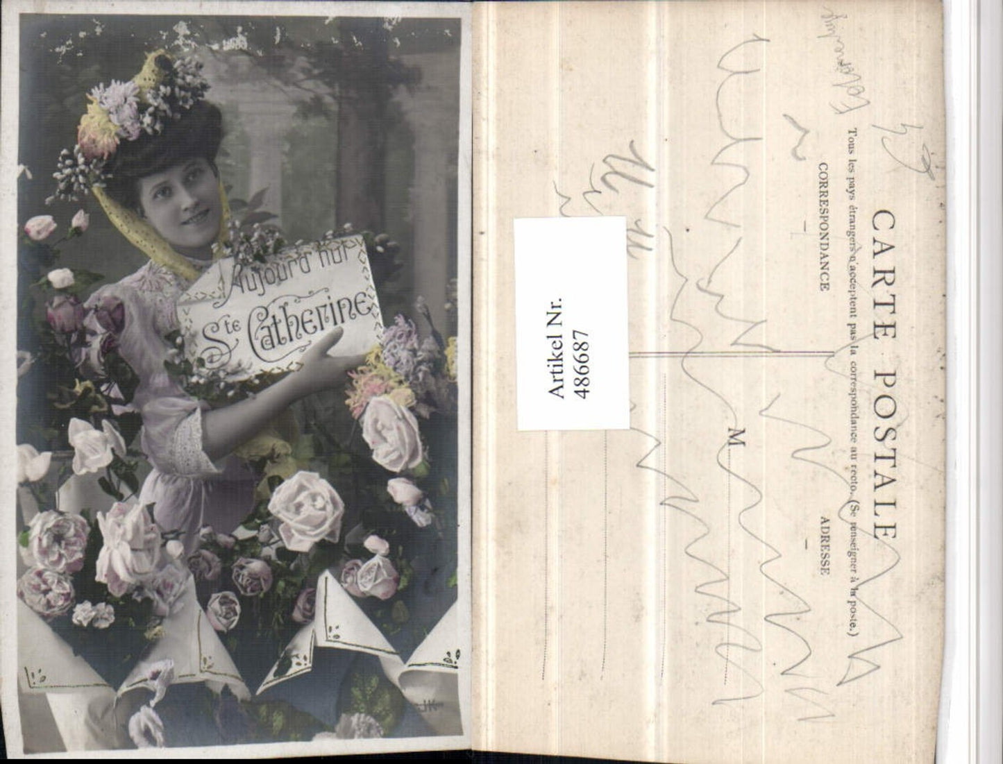 486687,Fotomontage Ste Catherine Frau Schild Rosen Blumen