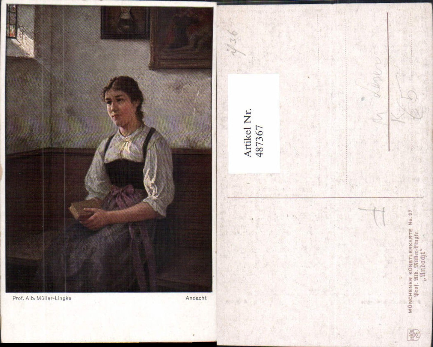 487367,Künstler Ak Prof. Alb. Müller-Lingke Andacht Frau Buch Lesen