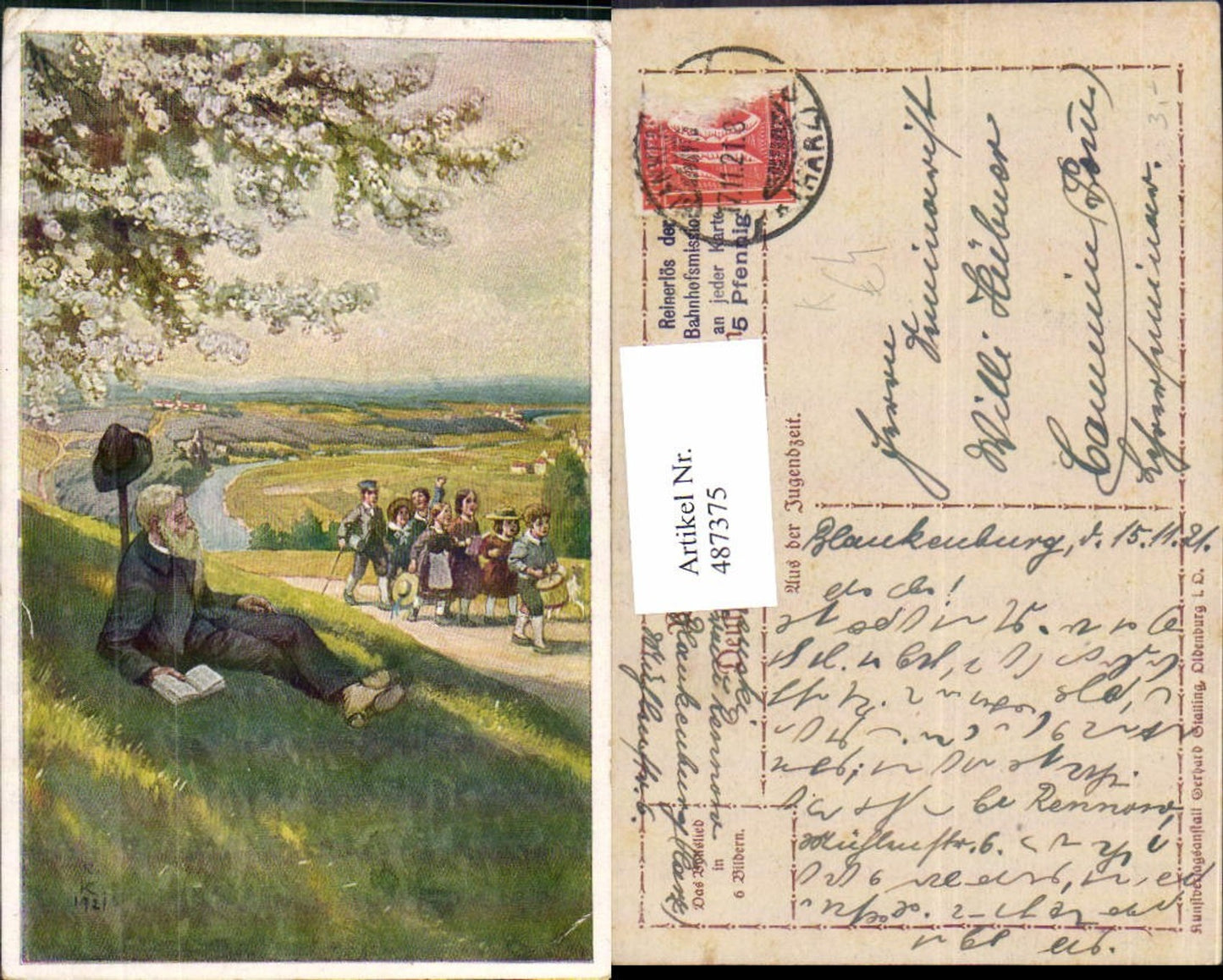 487375,Künstler Ak Mann a. Wiese Lesen Aus der Jugendzeit