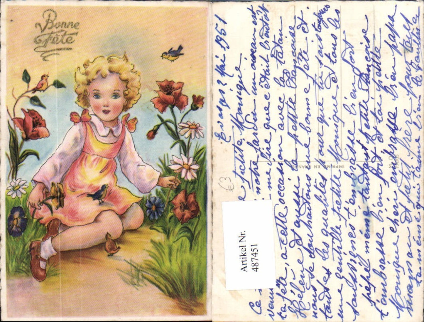 487451,Künstler Ak Blondes Kind Mädchen m. Vögel Blumen