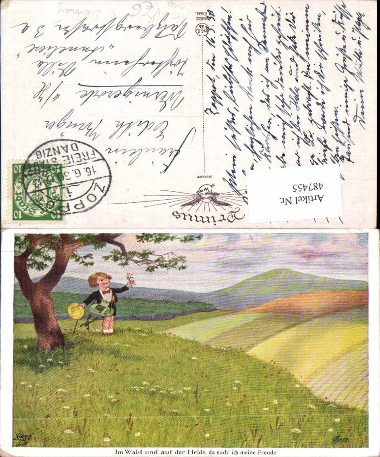 487455,Künstler Ak Bert Kind Bub Junge Tasche Frosch Landschaft Spruch Stempel Danzig pub Primus