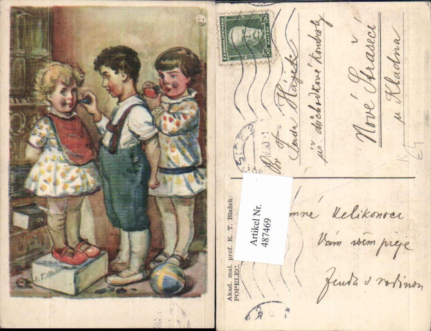 487469,Künstler Ak J. T. Blazel Kinder schminken sich Ball Spielzeug