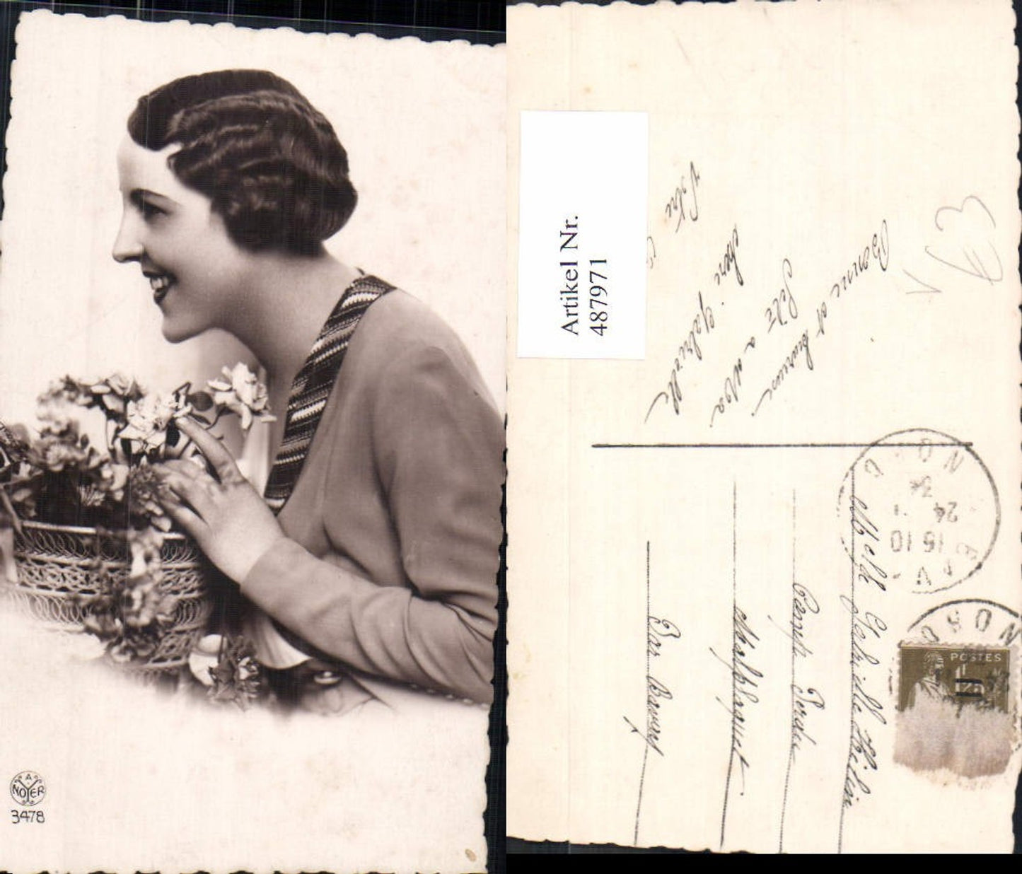 487971,Frau Portrait Korb Blumen pub A. Noyer 3478