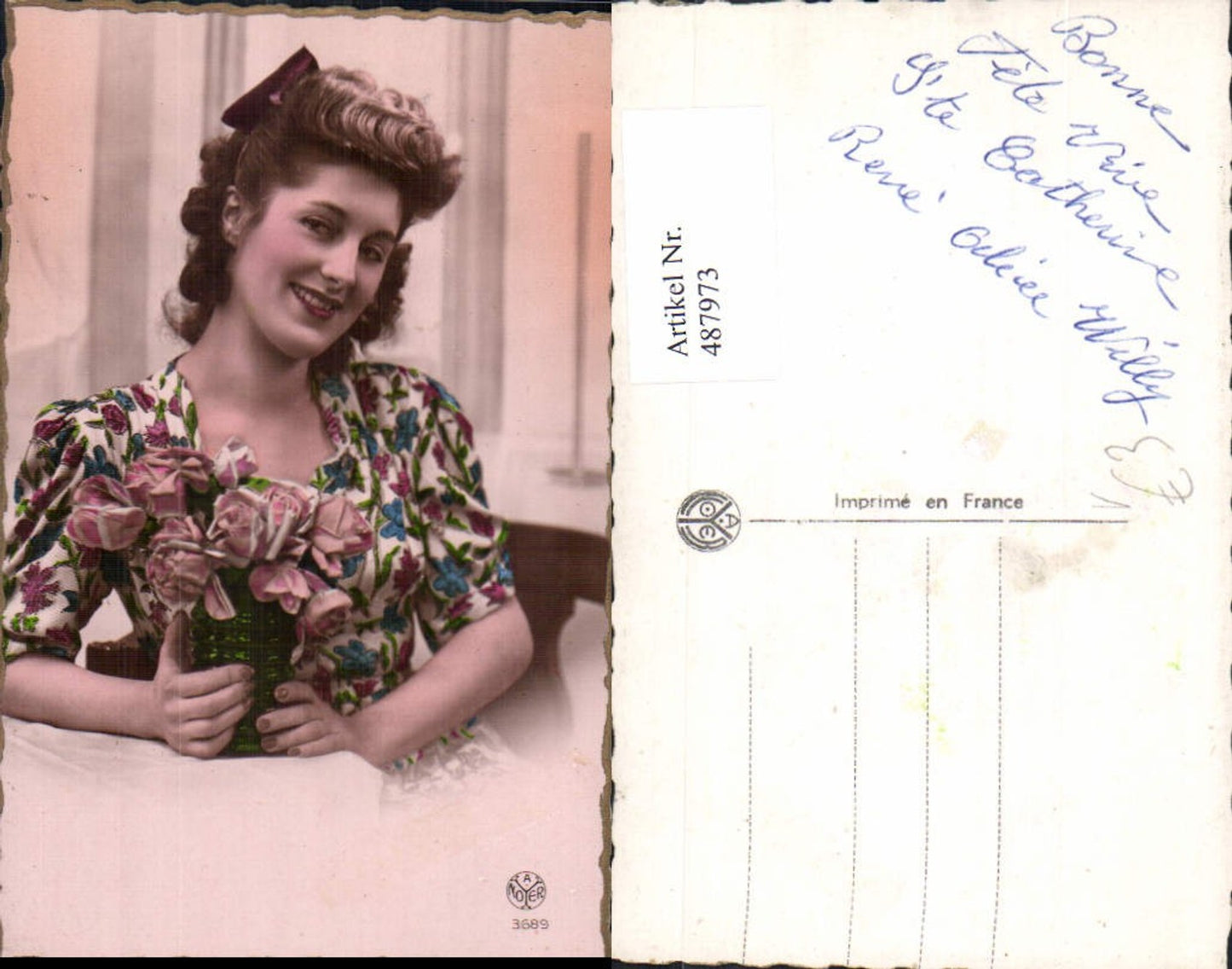 487973, Woman with curly hair, portrait, hair bow, flowers, roses in vase, pub A. Noyer 3689