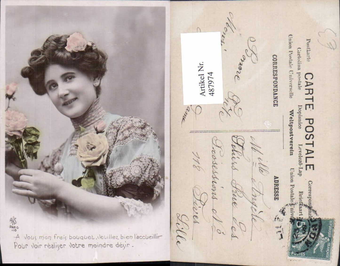 487974,Frau Portrait Blumen Rosen Text