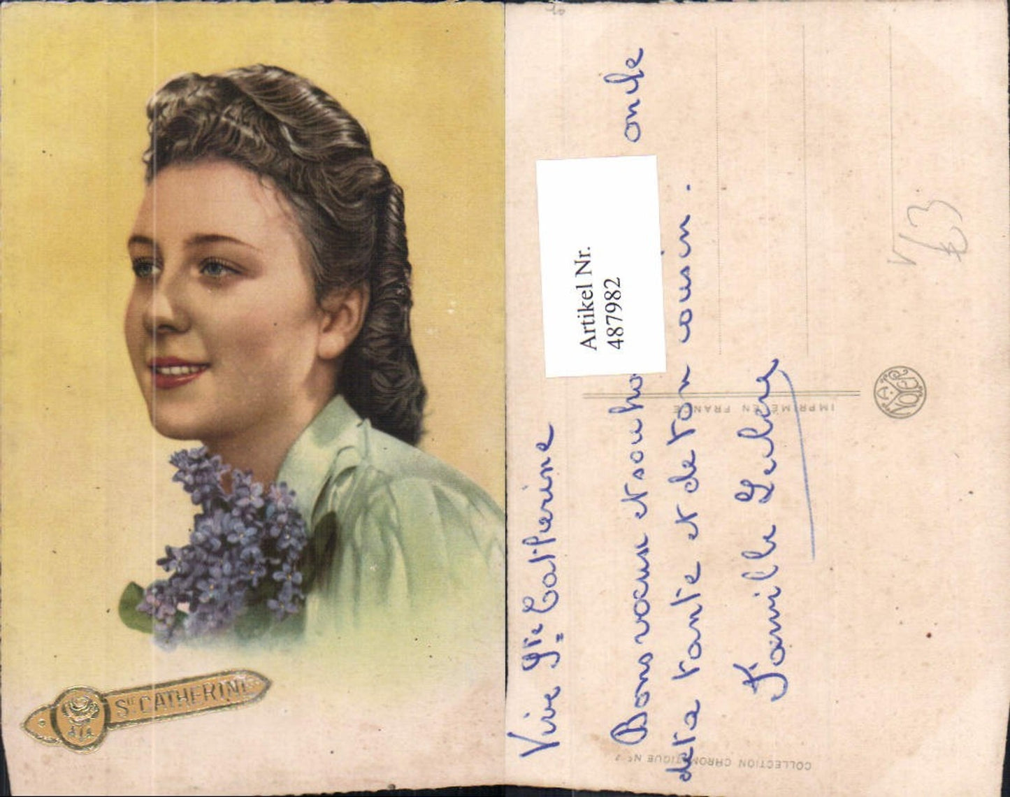 487982,Frau Portrait Vergissmeinnicht Blumen Ste Catherine pub A. Noyer