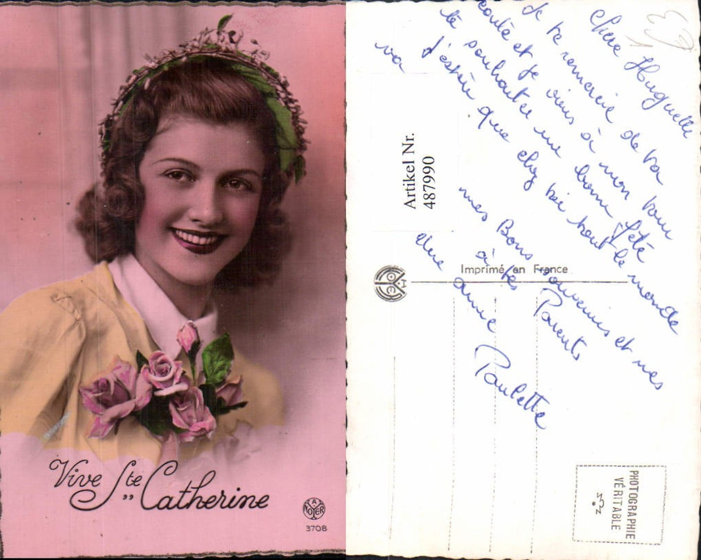 487990,Frau Lockenkopf Portrait Haarkranz Rosen Blumen Vive Ste Catherine pub A. Noyer 3708