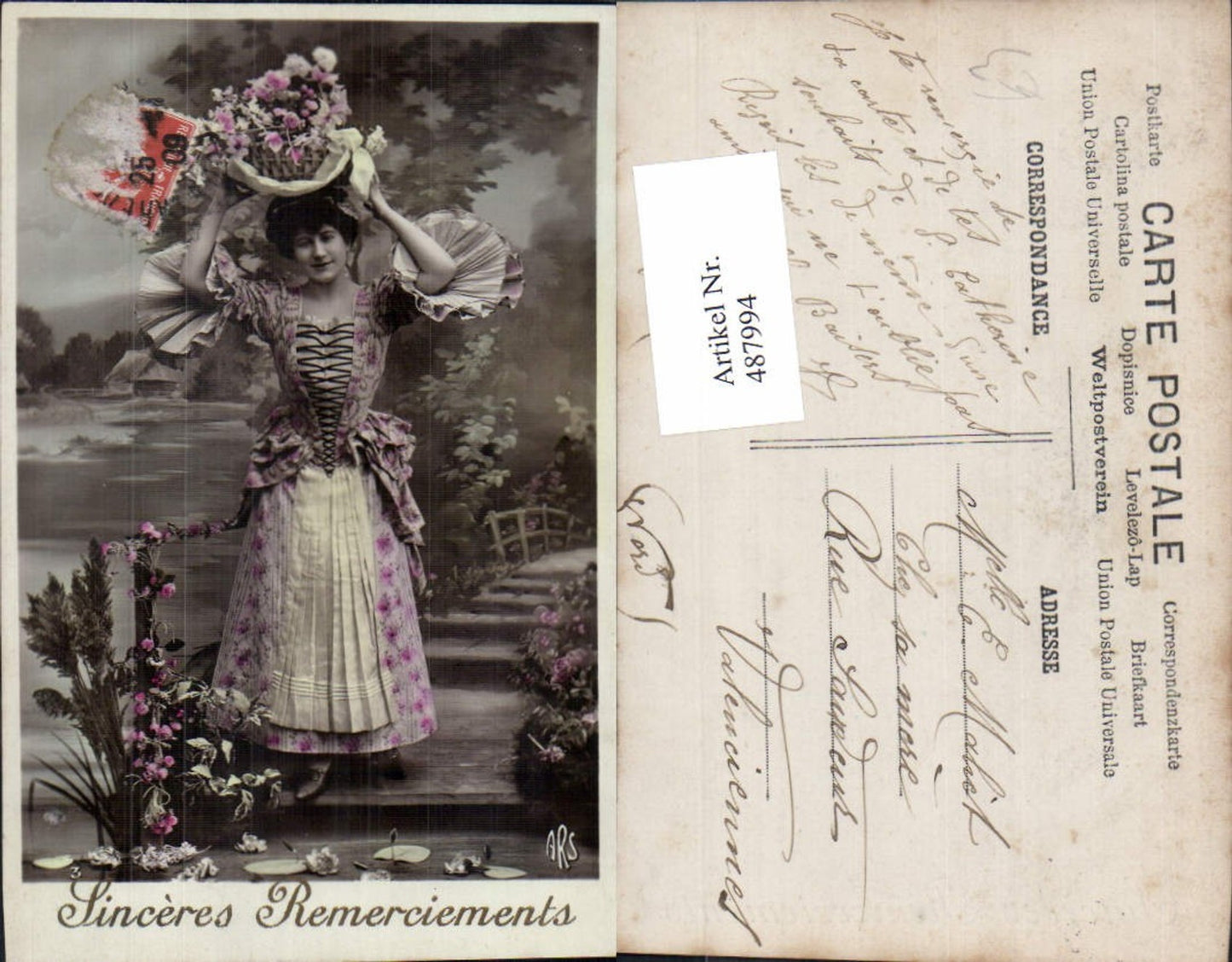 487994,Frau Tracht Dirndl Korb m. Blumen Sinceres Remerciements