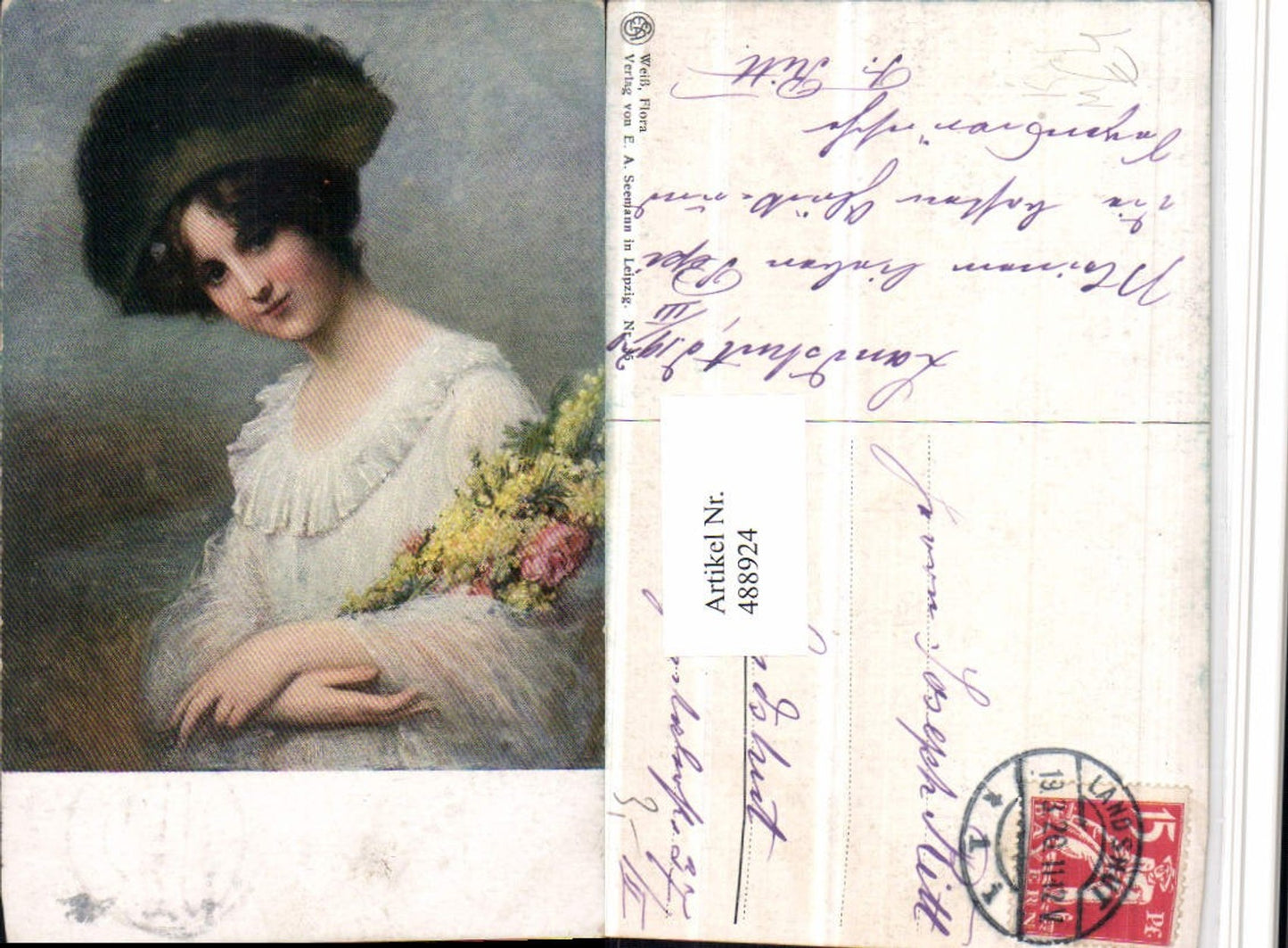 488924,Künstler AK Flora Weiß Frau m. Hut Hutmode Portrait