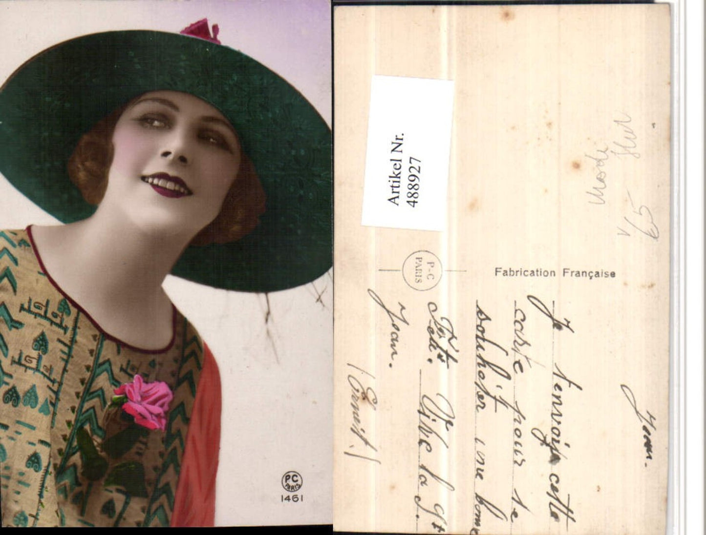 488927,Frau m. Hut Hutmode Portrait pub P.C. Paris 1461