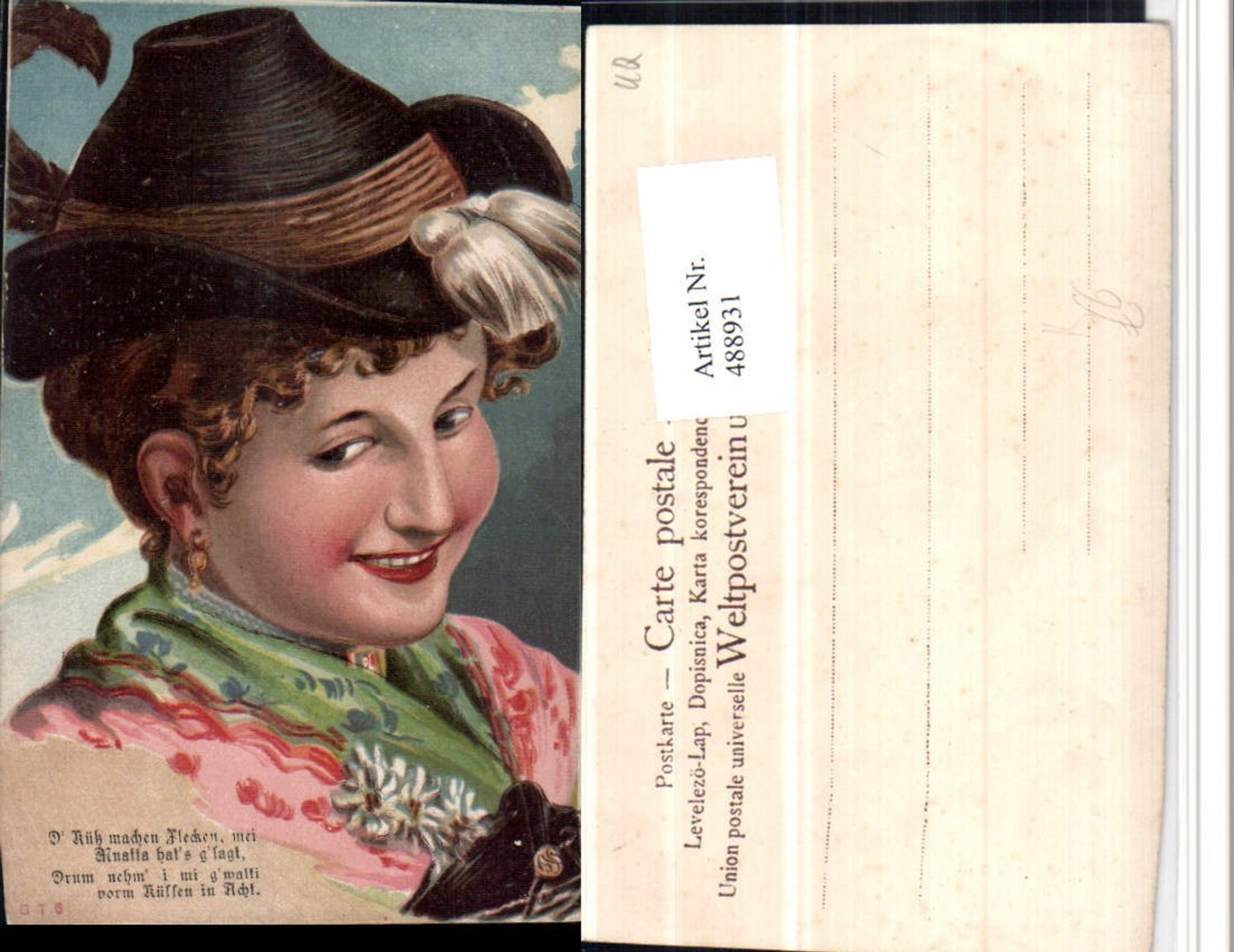 488931,Künstler AK Frau m. Hut Hutmode Federhut Portrait Spruch