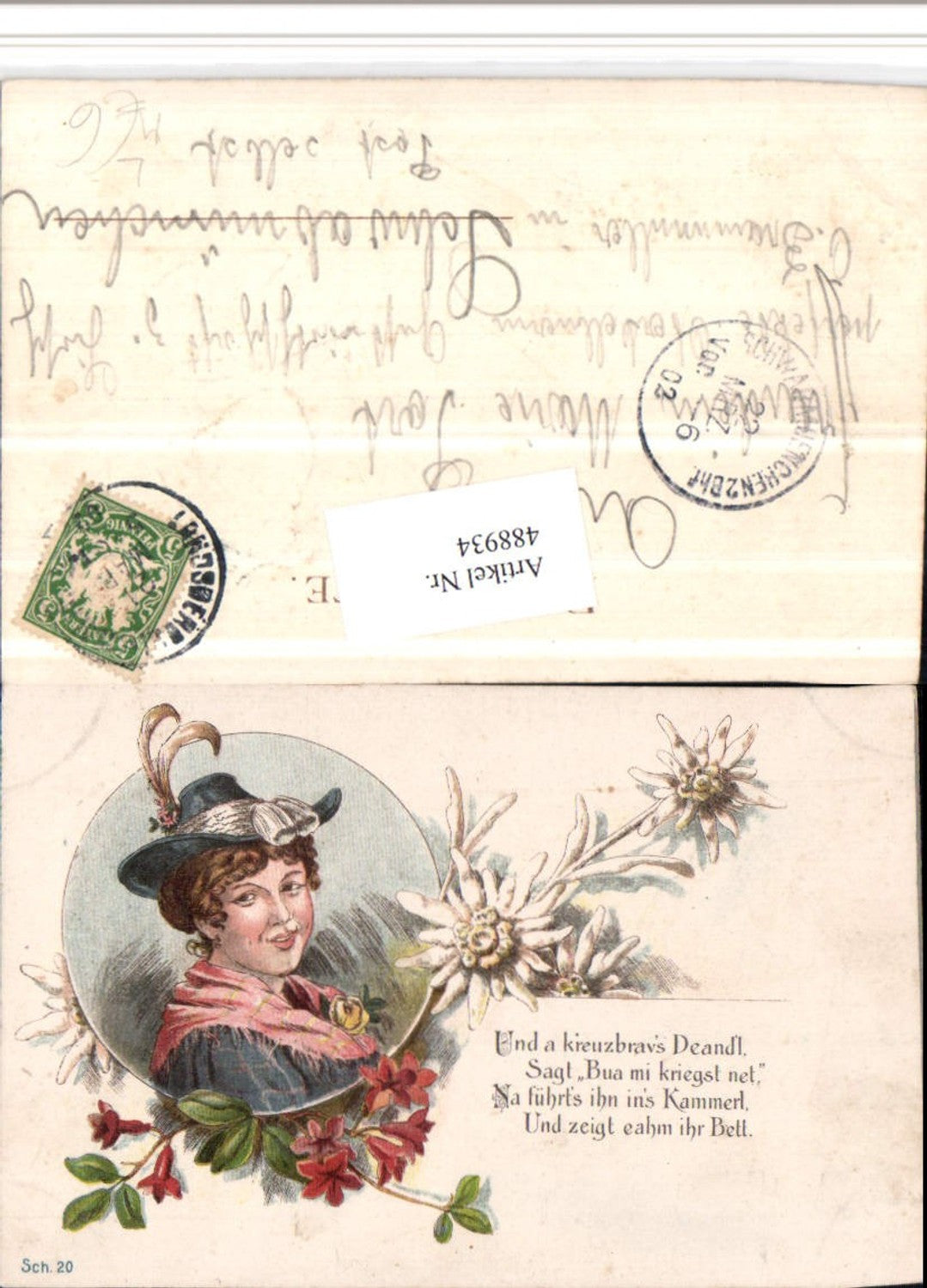 488934,Künstler Litho Frau m. Hut Hutmode Portrait Spruch