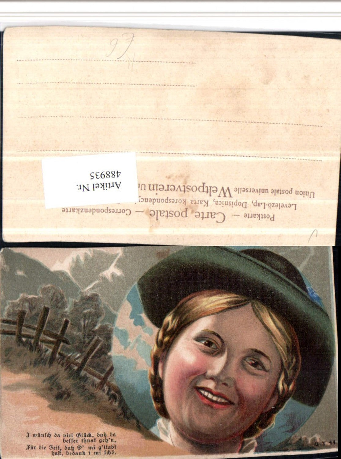 488935,Künstler AK Frau m. Hut Hutmode Portrait Spruch