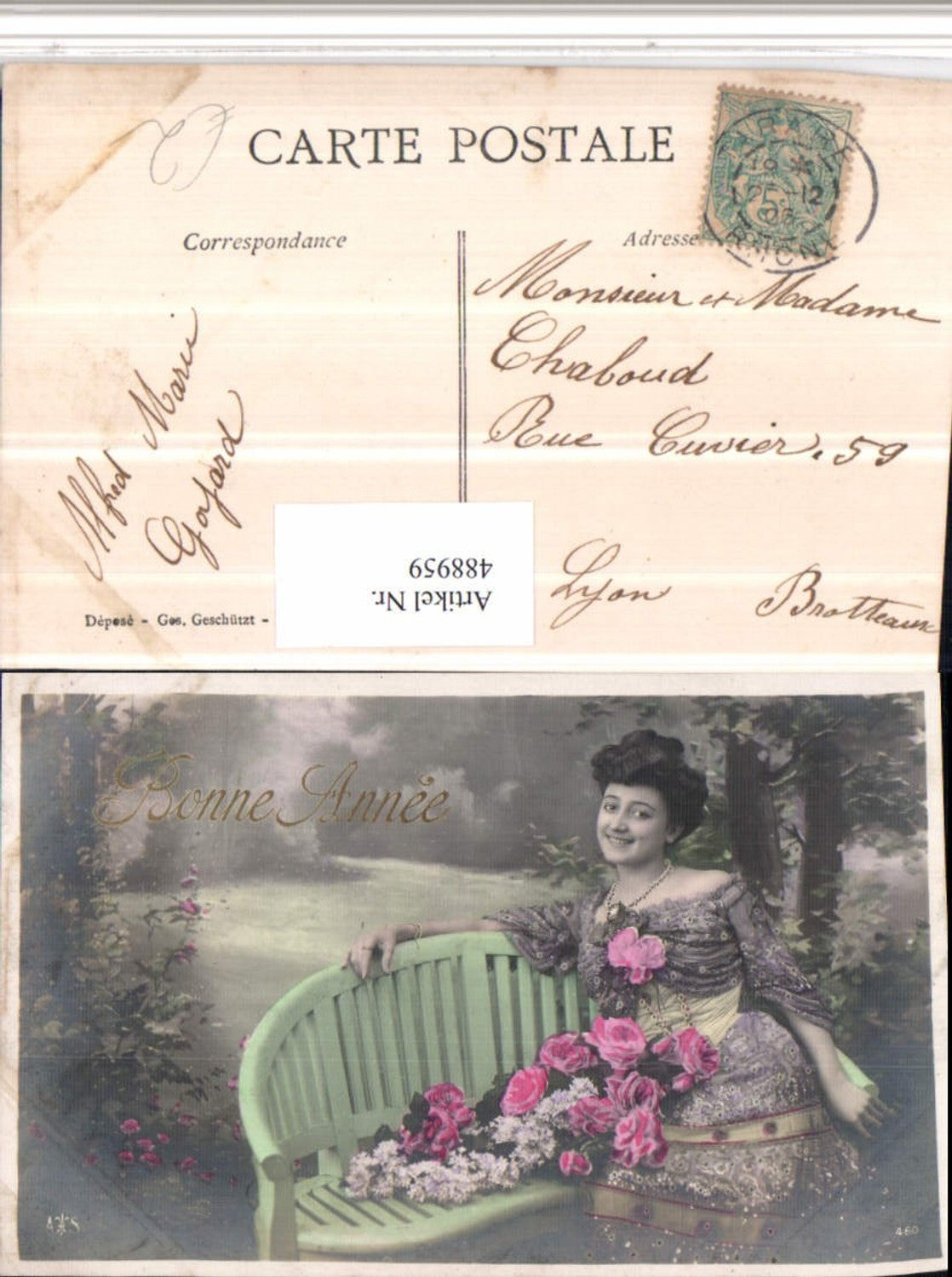 488959,Bonne Annee Frau m. Kleid Blumen Rosen Sitzbank