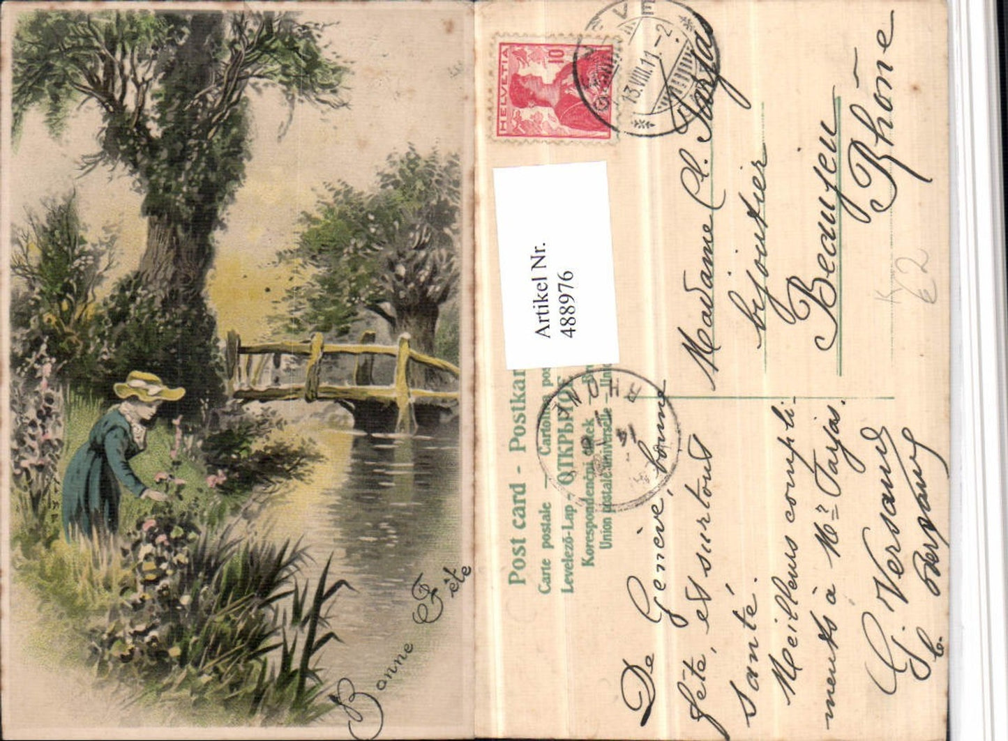 488976,Künstler AK Bonne Fete Frau m. Hut Fluss Brücke