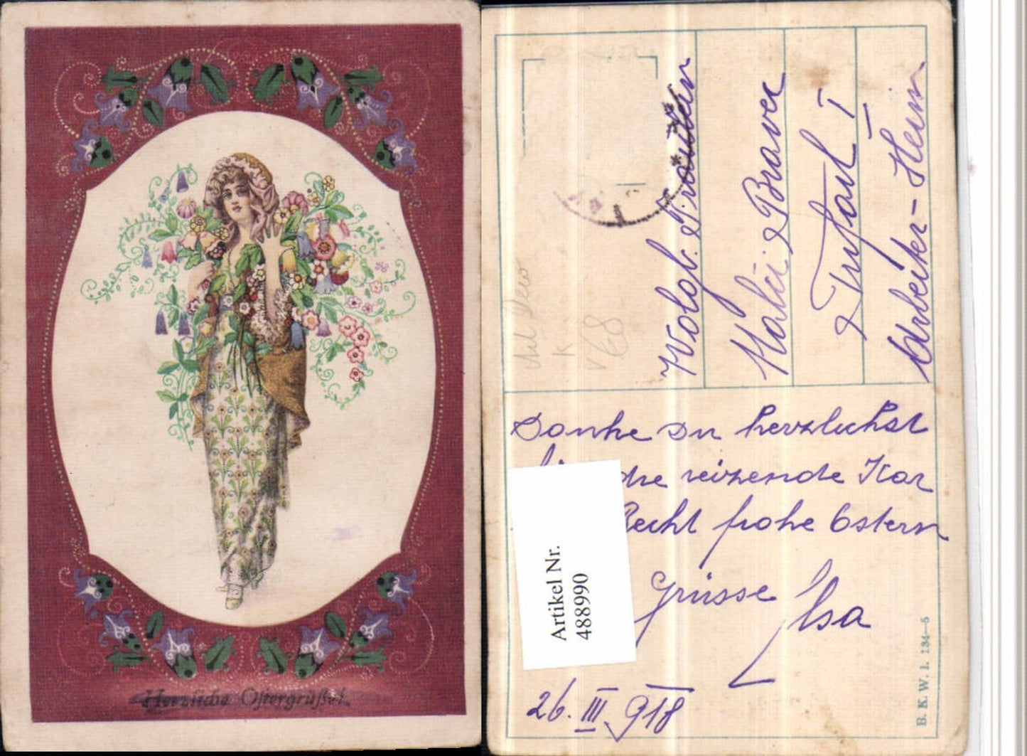 488990,Künstler AK Art Deco Frau Kleid Blumen pub B.K.W.I. 134/5