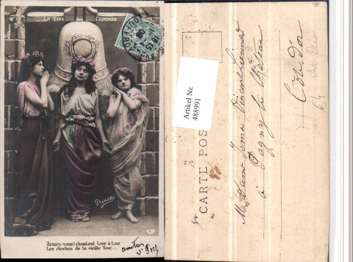 488991,Art Deco Frauen Engel Blumenkranz Glocke Spruch