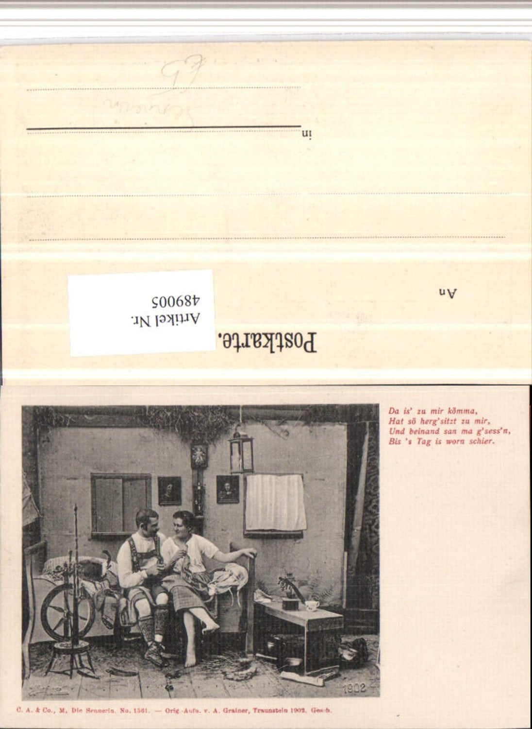 489005,Sennerin Liebe Paar Tracht Bett Spinnrad Spruch