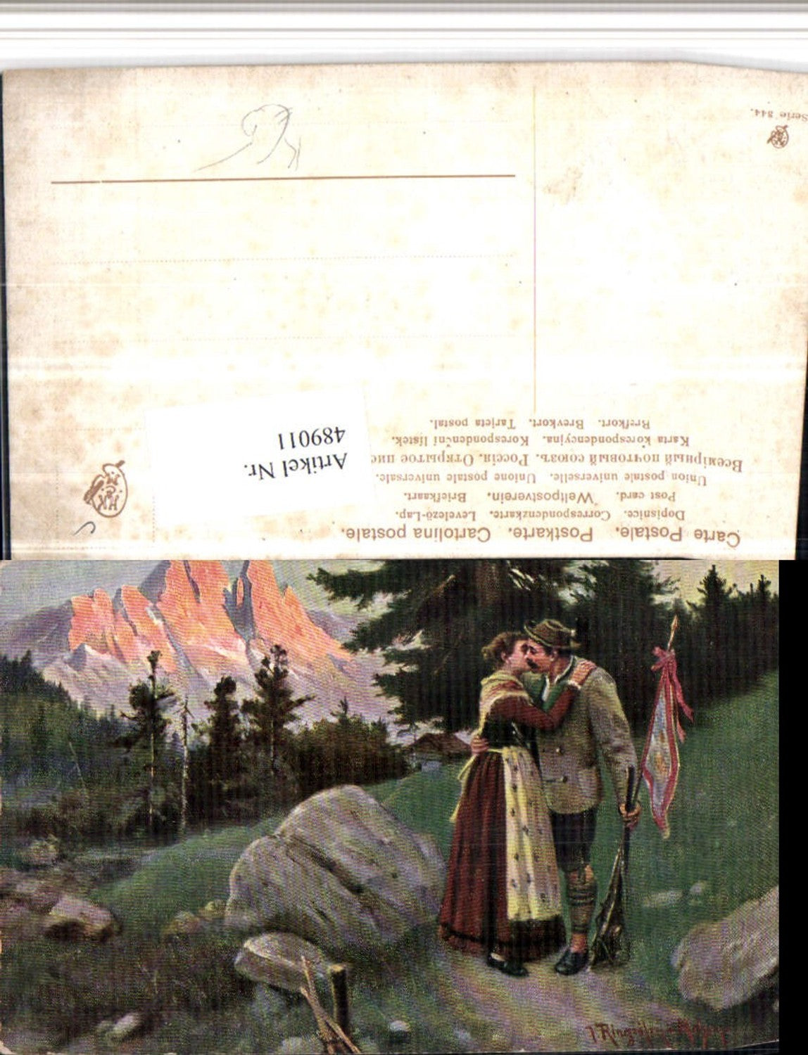 489011,Künstler AK Liebe Paar Kuss Gewehr Bergkulisse