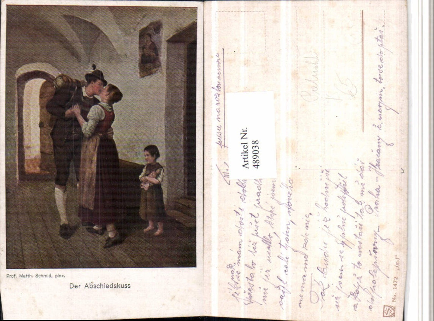 489038,Künstler AK Matthias Schmid Abschiedskuss Liebe Paar Kuss Kind