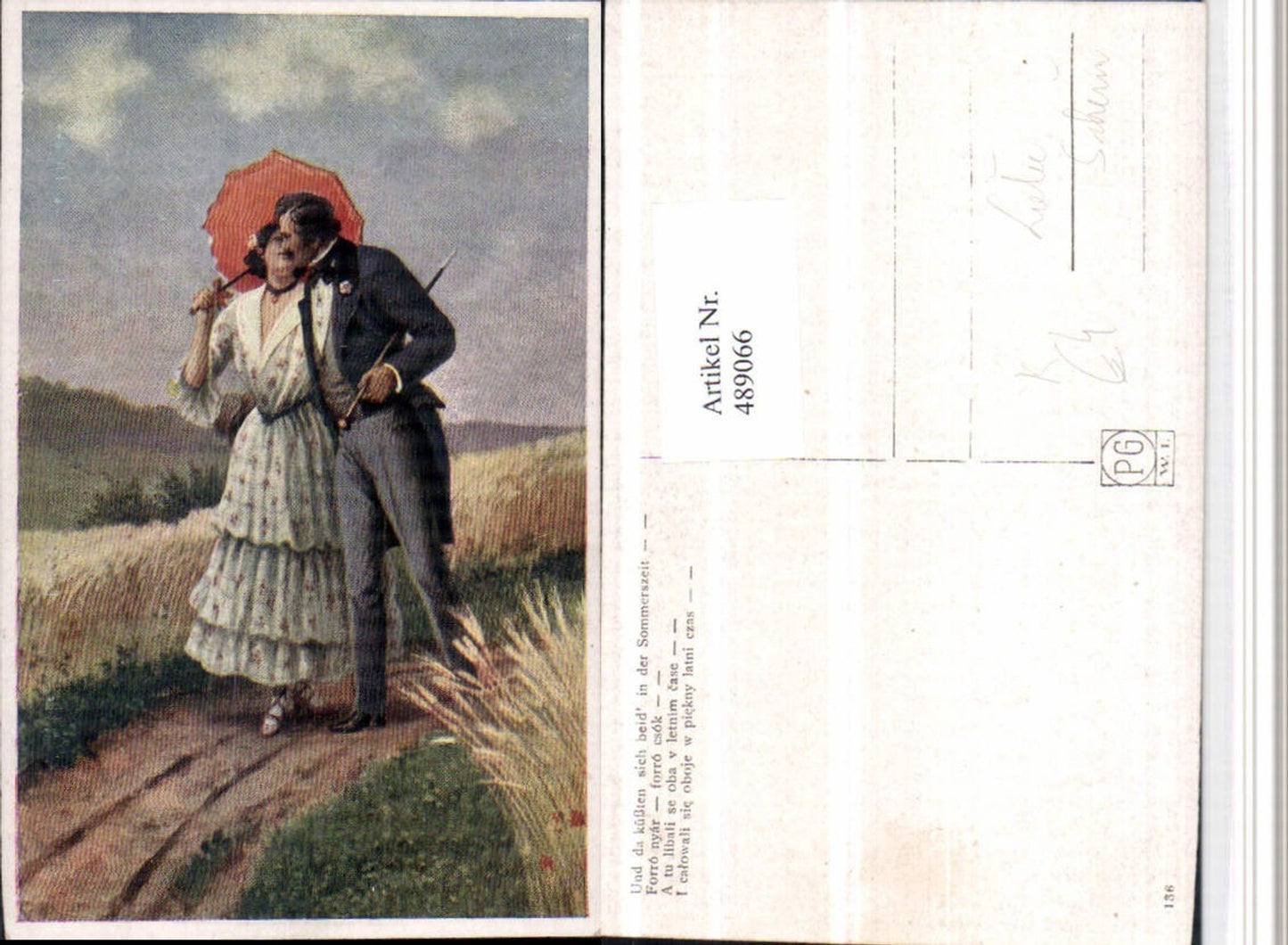 489066,Künstler AK Sommer Liebe Paar Kuss Schirm Spaziergang