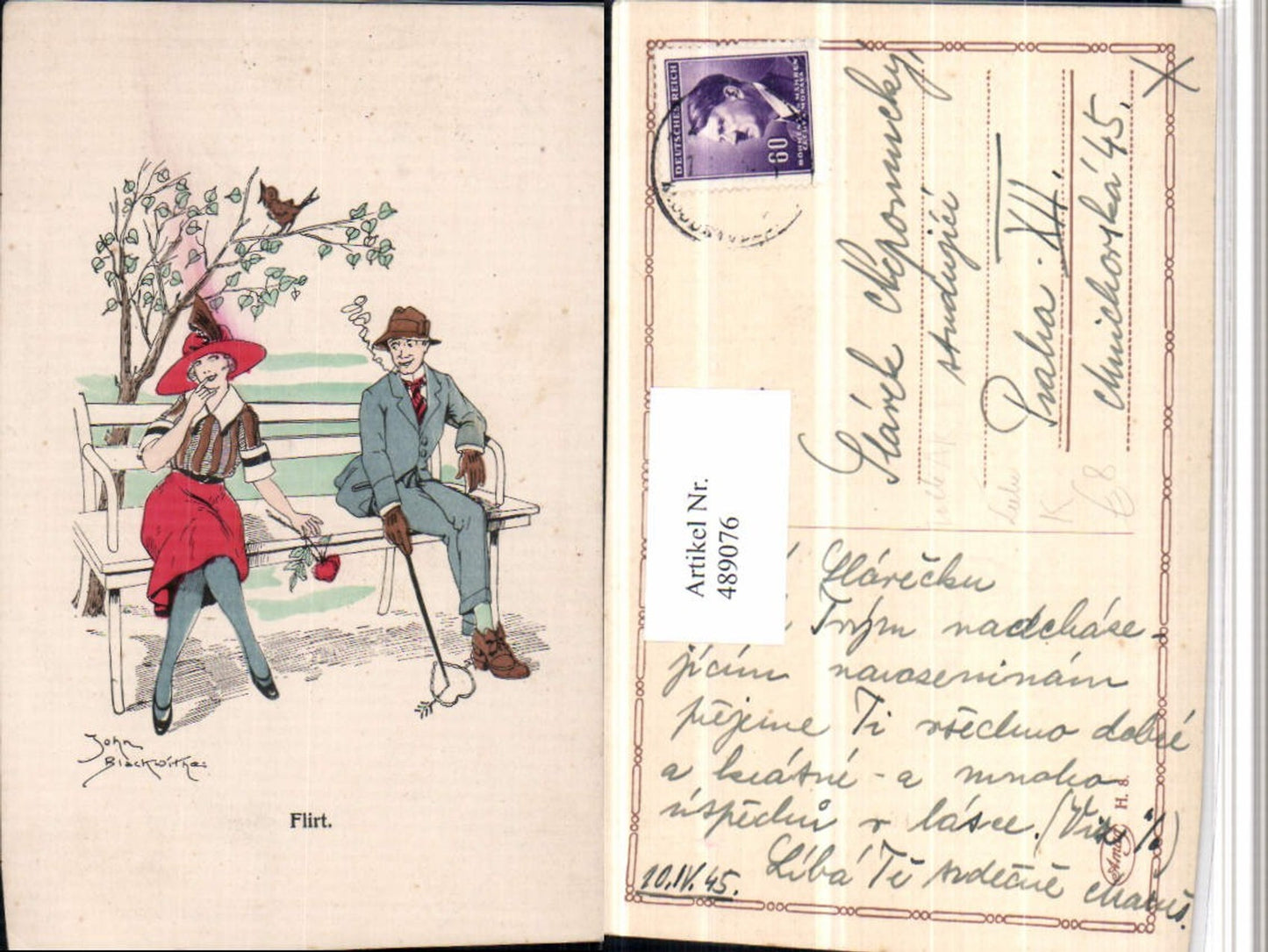 489076,Tolle Künstler AK John Blackwithe Flirt Liebe Paar Sitzbank