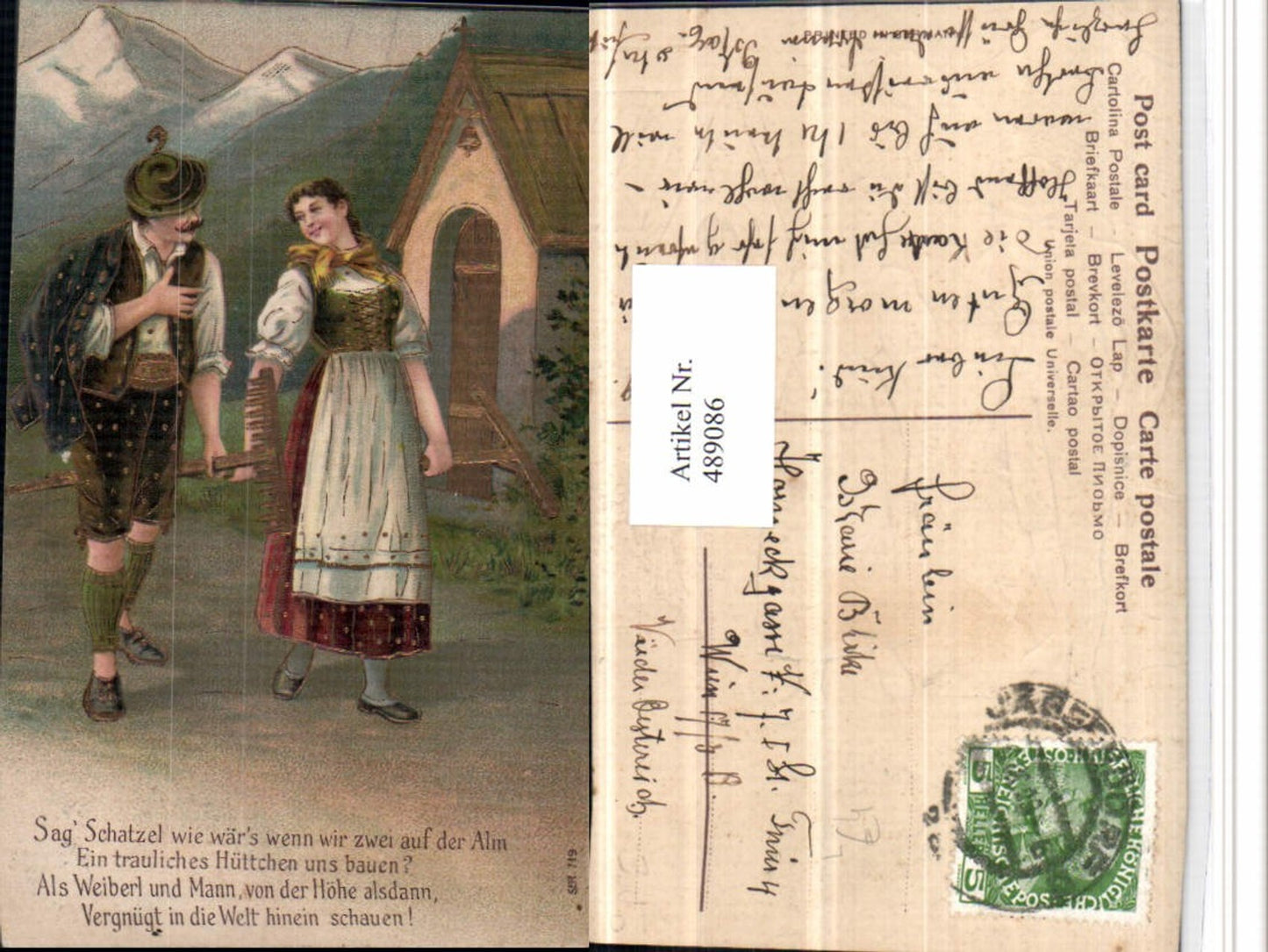 489086,Präge Künstler Litho Goldverzierung Liebe Paar Tracht Rechen