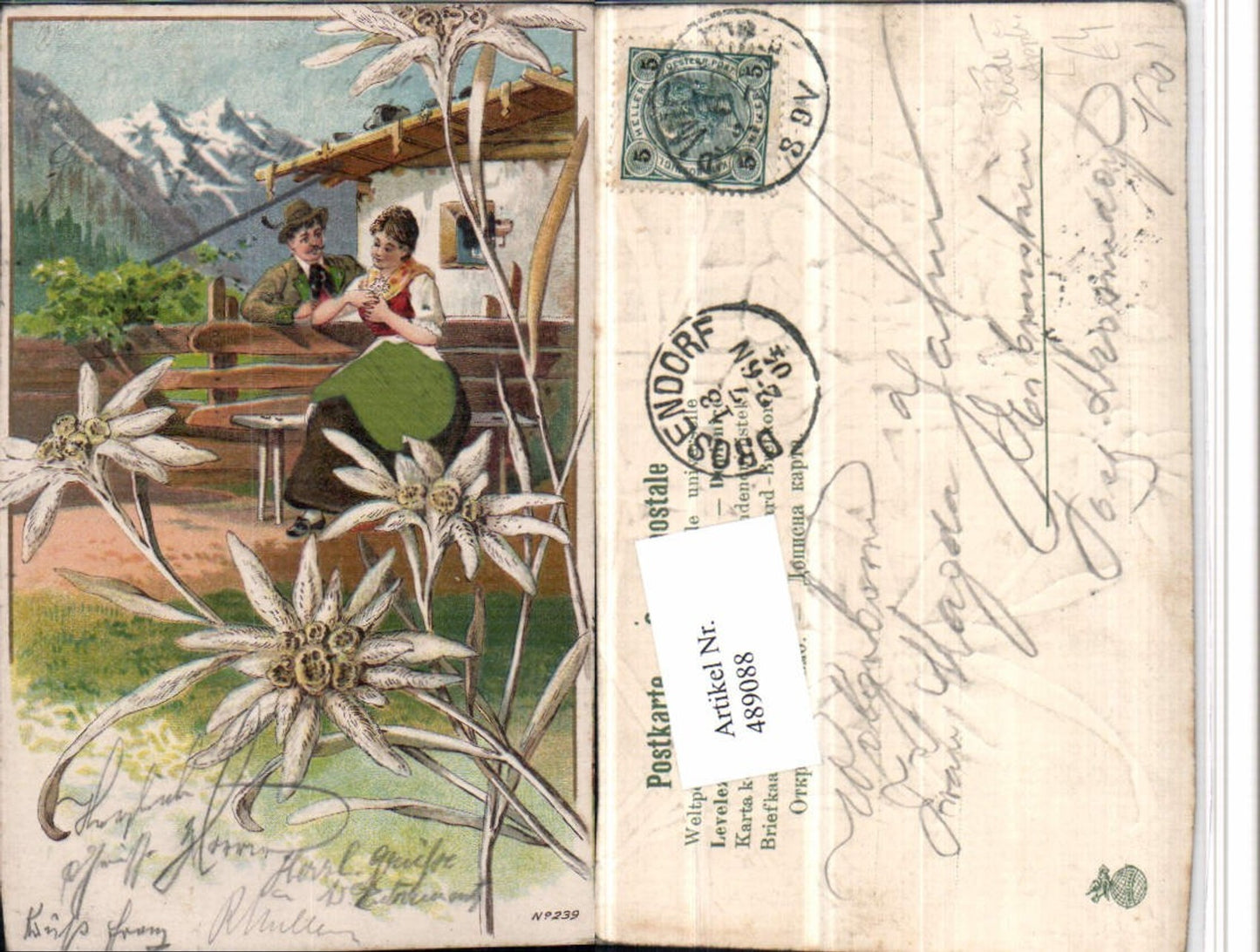 489088,Präge Künstler Litho Seide Applikation Liebe Paar Edelweiß