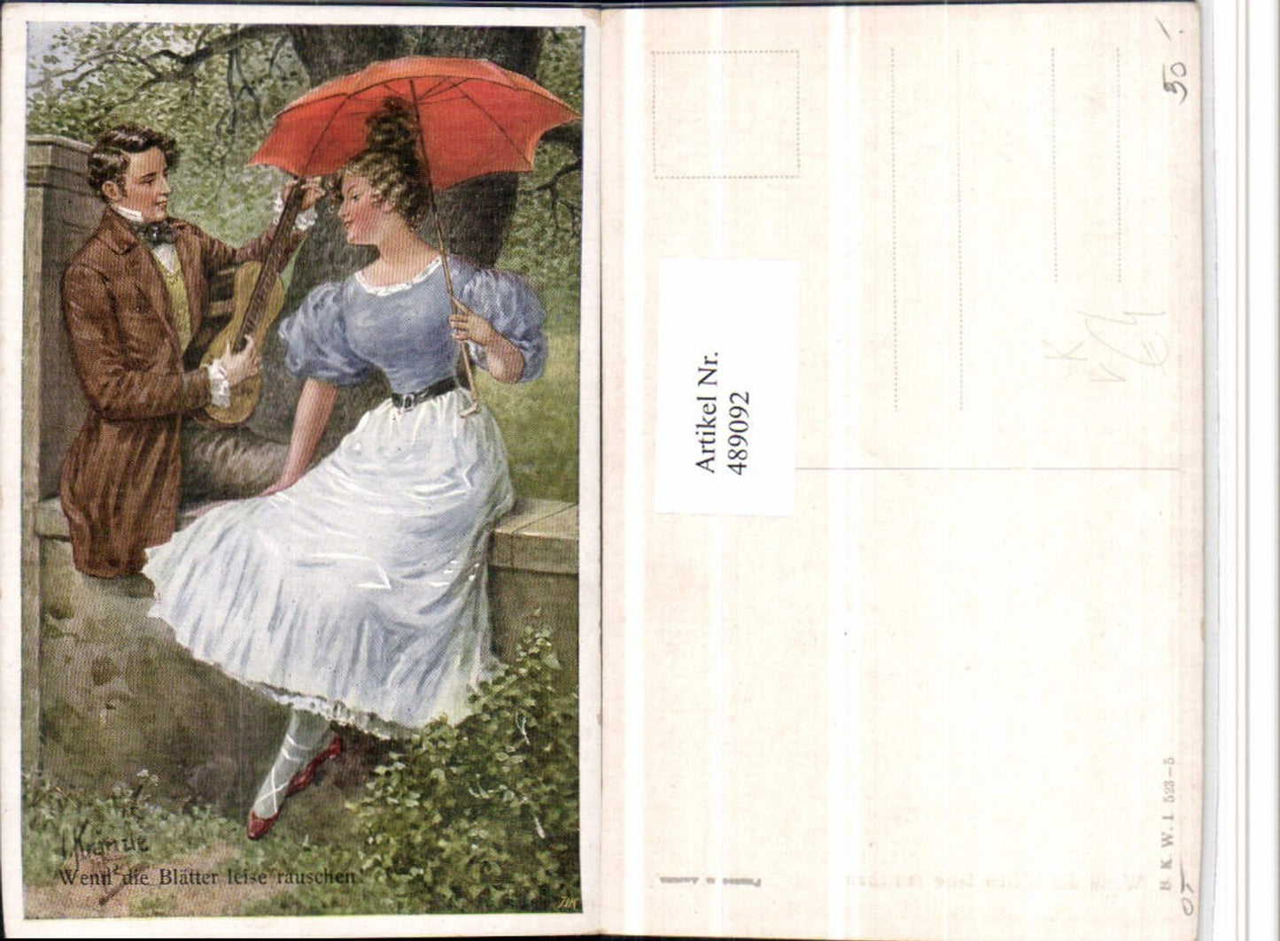 489092,Künstler AK J. Kränzle Liebe Paar Schirm Gitarre pub B.K.W.I. 523/5