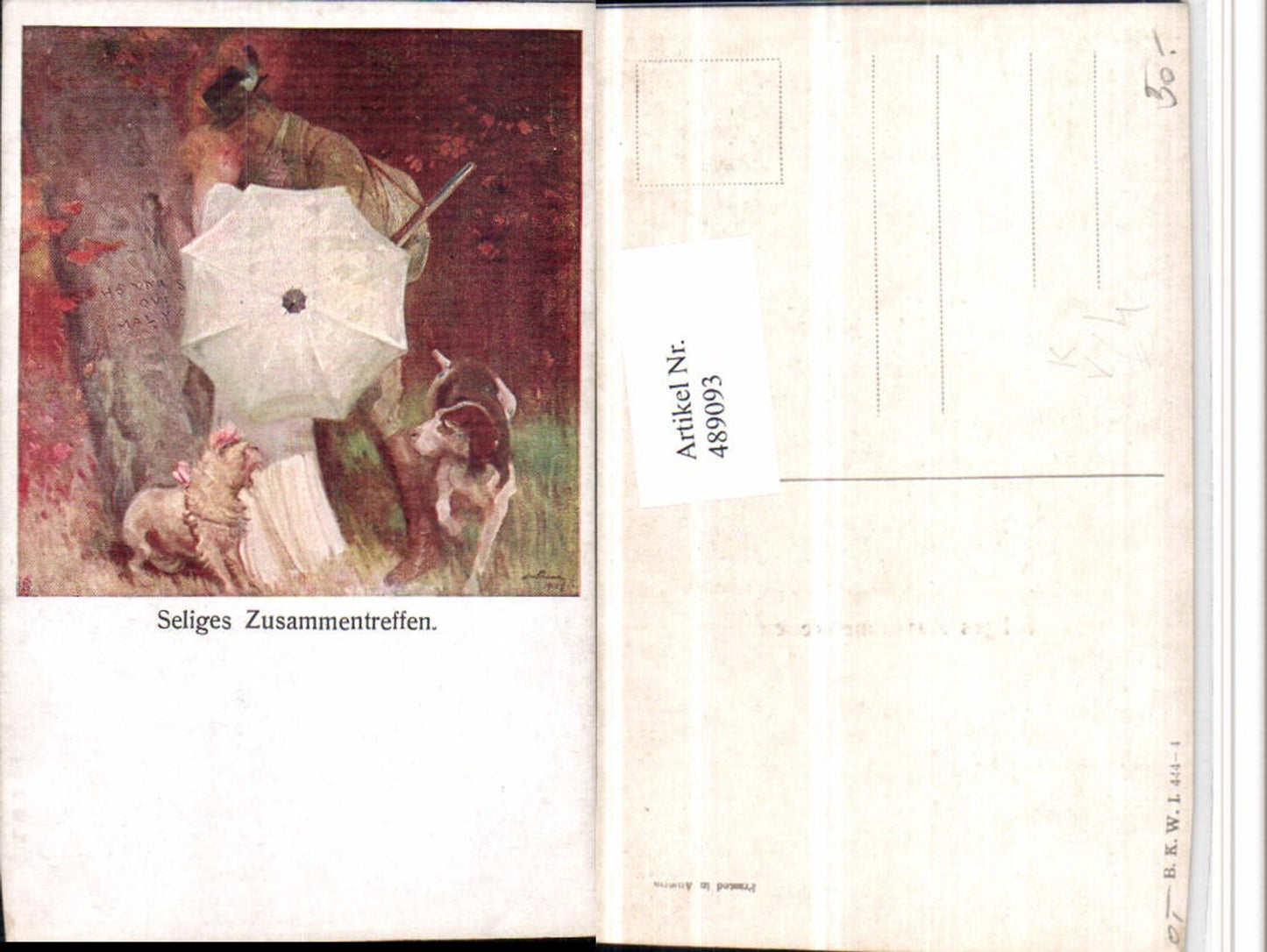 489093,Künstler AK Seliges Zusammentreffen Liebe Paar Schirm Hunde pub B.K.W.I. 444/4