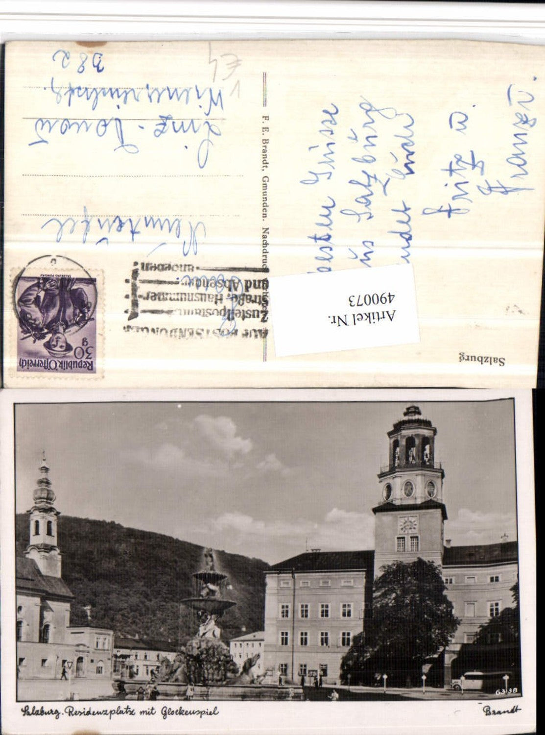 490073,Salzburg Residenzplatz Brunnen m. Glockenspiel pub Brandt 6338