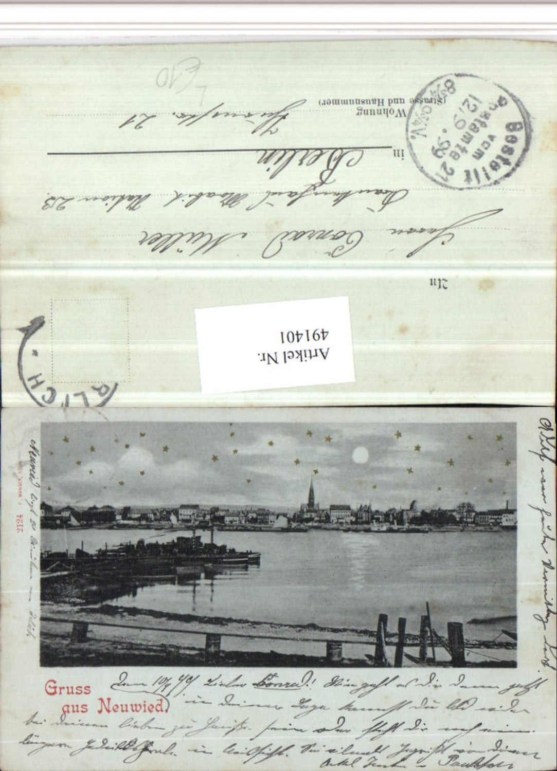 491401,Mond Litho Gruß aus Neuwied Totale Anlegestelle