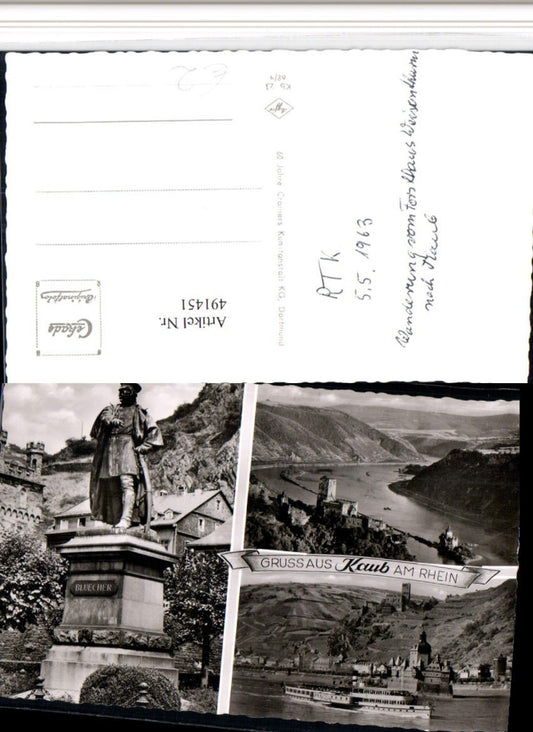 491451,Kaub am Rhein Totale Burg Blücher Denkmal Mehrbildkarte