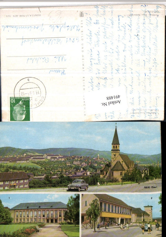 491488,Aue Totale Kirche Kaufhaus Schule Kulturhaus Mehrbildkarte pub VEB