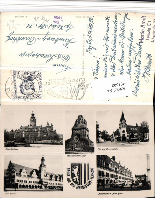 491508,Leipzig Rathaus Naschmarkt Denkmal Mehrbildkarte Messe 1956 Stempel
