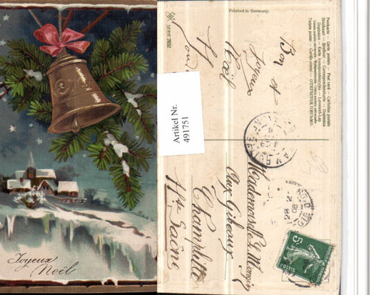 491751,Präge Künstler Litho Joyeux Noel Weihnachten Winterdorf Glocke